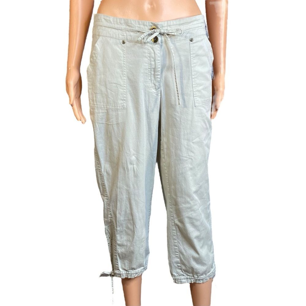 Onque Casuals Capri Pants Tan Cargo Pants Drawstring Waist Rivet Detail Size 8